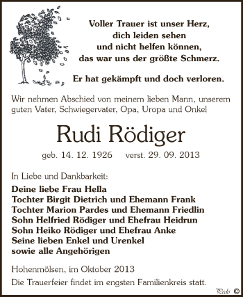 Traueranzeige von Rudi Rödiger von Super Sonntag Zeitz