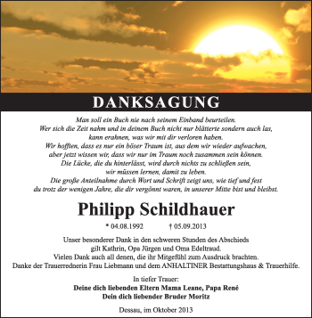 Traueranzeige von Philipp Schildhauer von Super Sonntag Dessau / Köthen