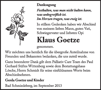Traueranzeige von Klaus Goetze von WVG - Wochenspiegel Wittenberg