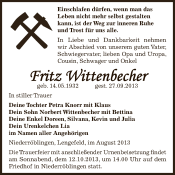 Traueranzeige von Fritz Wittenbecher von Super Sonntag SGH Mansf. Land