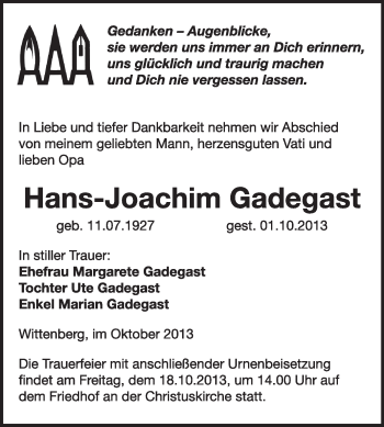 Traueranzeige von Hans-Joachim Gadegast von WVG - Wochenspiegel Wittenberg