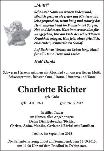 Traueranzeige von Charlotte Richter von WVG - Wochenspiegel Wittenberg