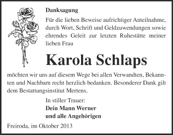 Traueranzeige von Karola Schlaps von WVG - Wochenspiegel NMB / WSF / ZTZ
