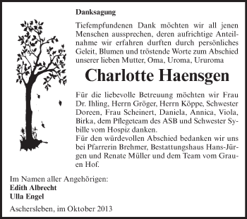 Traueranzeige von Charlotte Haensgen von WVG - Wochenspiegel Aschersleben