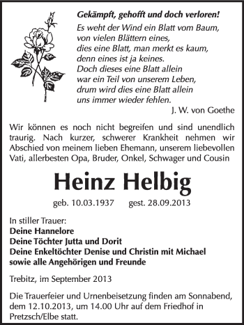 Traueranzeige von Heinz Helbig von WVG - Wochenspiegel Wittenberg