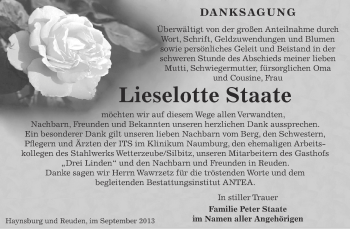 Traueranzeige von Lieselotte Staate von Super Sonntag Zeitz
