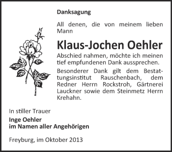 Traueranzeige von Klaus-Jochen Oehler von WVG - Wochenspiegel NMB / WSF / ZTZ