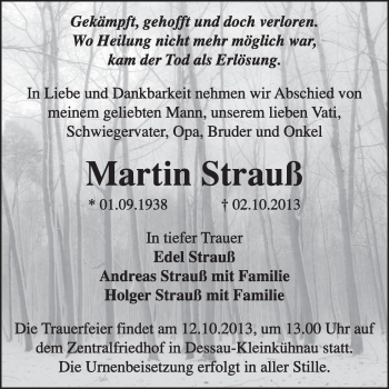 Traueranzeige von Martin Strauß von Super Sonntag Dessau / Köthen