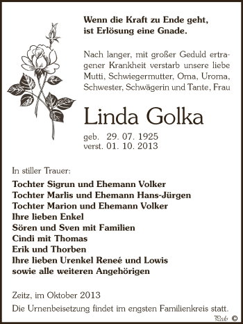 Traueranzeige von Linda Golka von Super Sonntag Zeitz