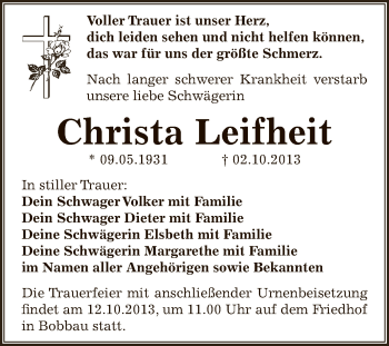 Traueranzeige von Christa Leifheit von WVG - Wochenspiegel Bitterfeld