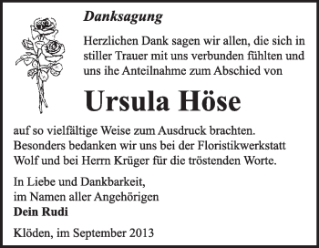 Traueranzeige von Ursula Höse von WVG - Wochenspiegel Wittenberg