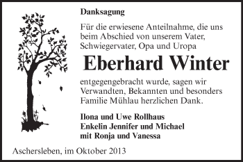 Traueranzeige von Eberhard Winter von WVG - Wochenspiegel Aschersleben