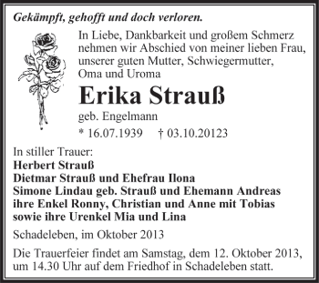 Traueranzeige von Erika Strauß von Super Sonntag Aschersleben