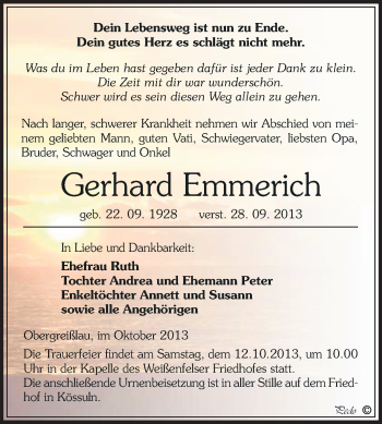 Traueranzeige von Gerhard Emmerich von WVG - Wochenspiegel NMB / WSF / ZTZ