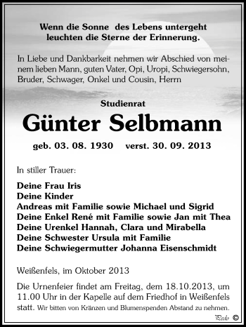 Traueranzeige von Günter Selbmann von WVG - Wochenspiegel NMB / WSF / ZTZ