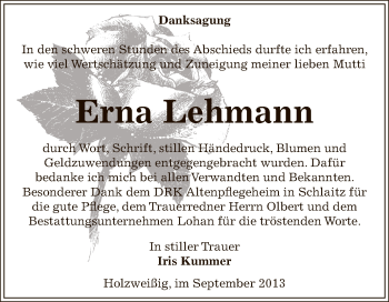 Traueranzeige von Erna Lehmann von WVG - Wochenspiegel Bitterfeld