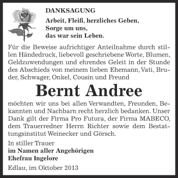 Traueranzeige von Bernt Andree von Super Sonntag Bernburg