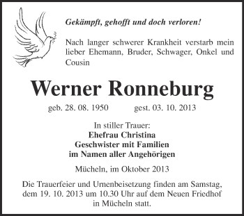 Traueranzeige von Werner Ronneburg von WVG - Wochenspiegel Merseburg