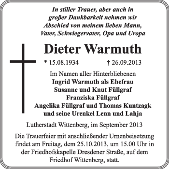 Traueranzeige von Dieter Warmuth von WVG - Wochenspiegel Wittenberg
