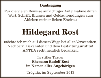 Traueranzeige von Hildegard Rost von Super Sonntag Zeitz
