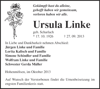 Traueranzeige von Ursula Linke von WVG - Wochenspiegel NMB / WSF / ZTZ