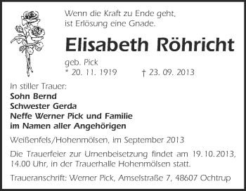 Traueranzeige von Elisabeth Röhricht von WVG - Wochenspiegel NMB / WSF / ZTZ
