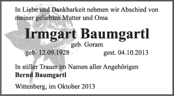 Traueranzeige von Irmgart Baumgartl von Super Sonntag Wittenberg