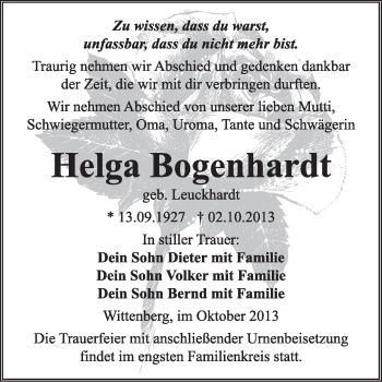 Traueranzeige von Helga Bogenhardt von WVG - Wochenspiegel Wittenberg