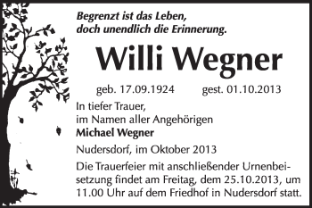 Traueranzeige von Willi Wegner von WVG - Wochenspiegel Wittenberg