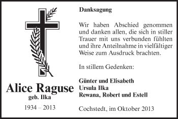 Traueranzeige von Alice Raguse von WVG - Wochenspiegel Aschersleben