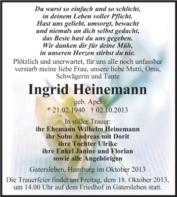 Traueranzeige von Ingrid Heinemann von WVG - Wochenspiegel Aschersleben