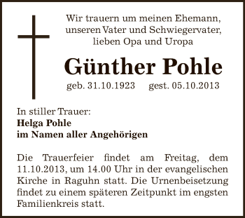Traueranzeige von Günther Pohle von WVG - Wochenspiegel Bitterfeld