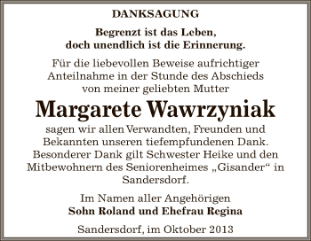 Traueranzeige von Margarete Wawrzyniak von WVG - Wochenspiegel Bitterfeld