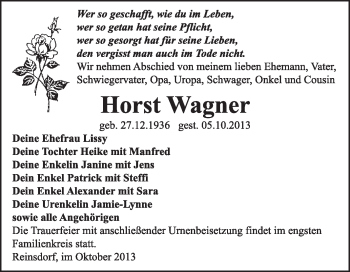 Traueranzeige von Horst Wagner von Super Sonntag Wittenberg