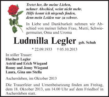 Traueranzeige von Ludmilla Legler von WVG - Wochenspiegel Aschersleben