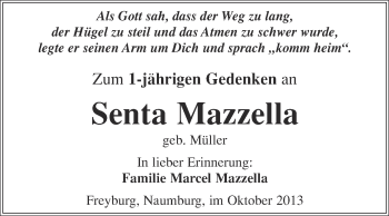 Traueranzeige von Senta Mazzella von WVG - Wochenspiegel NMB / WSF / ZTZ