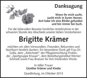 Traueranzeige von Brigitte Krämer von WVG - Wochenspiegel Quedlinburg