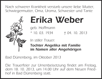 Traueranzeige von Erika Weber von Super Sonntag Merseburg