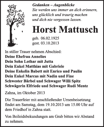 Traueranzeige von Horst Mattusch von Super Sonntag Wittenberg