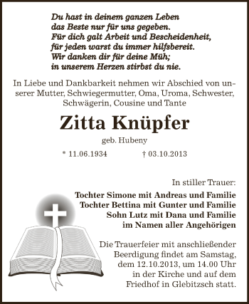 Traueranzeige von Zitta Knüpfer von WVG - Wochenspiegel Bitterfeld