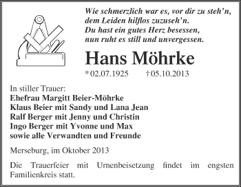 Traueranzeige von Hans Möhrke von WVG - Wochenspiegel Merseburg