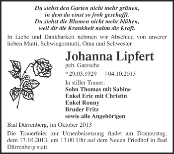 Traueranzeige von Johanna Lipfert von Super Sonntag Merseburg