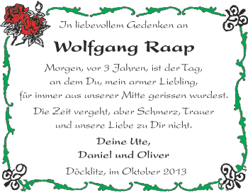 Traueranzeige von Wolfgang Raap von WVG - Wochenspiegel Merseburg