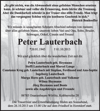 Traueranzeige von Peter Lauterbach von Super Sonntag Wittenberg
