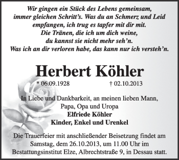 Traueranzeige von Herbert Köhler von Super Sonntag Dessau / Köthen