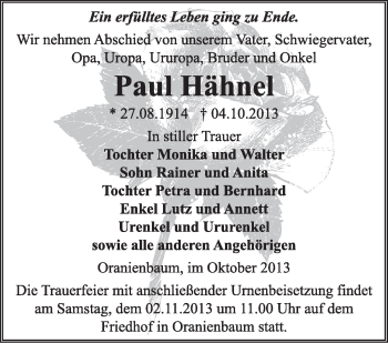 Traueranzeige von Paul Hähnel von Super Sonntag Wittenberg