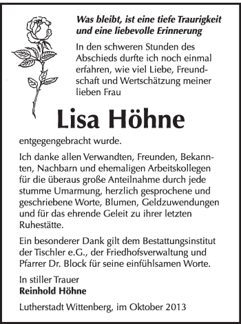 Traueranzeige von Lisa Höhne von Super Sonntag Wittenberg