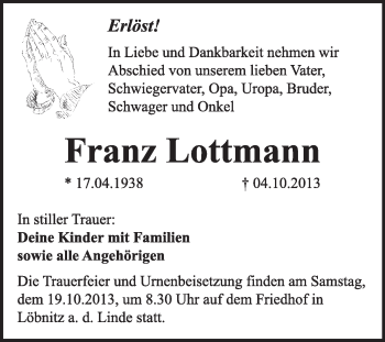 Traueranzeige von Franz Lottmann von Super Sonntag Dessau / Köthen