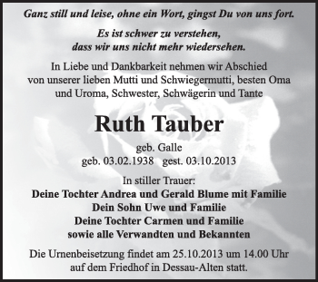 Traueranzeige von Ruth Tauber von Super Sonntag Dessau / Köthen