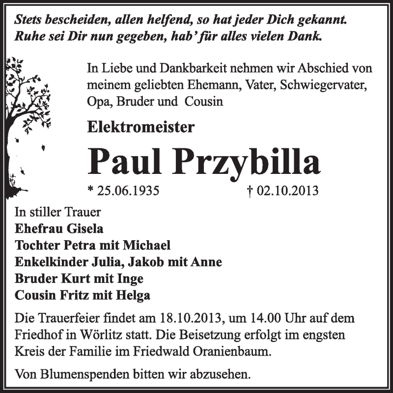  Traueranzeige für Paul Przybilla vom 13.10.2013 aus Super Sonntag Dessau / Köthen
